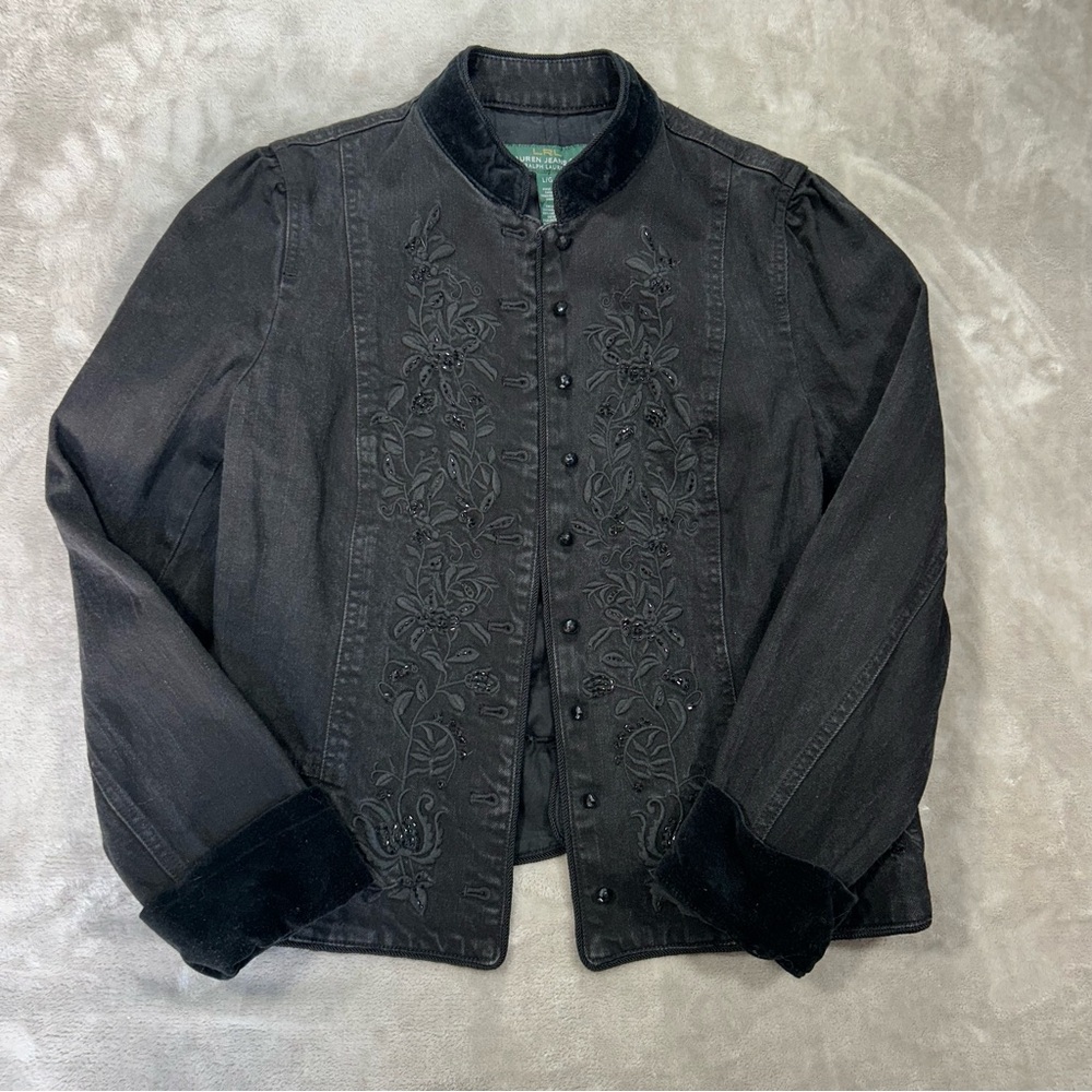 Ralph Lauren Black Embroidered Denim Jean Jacket